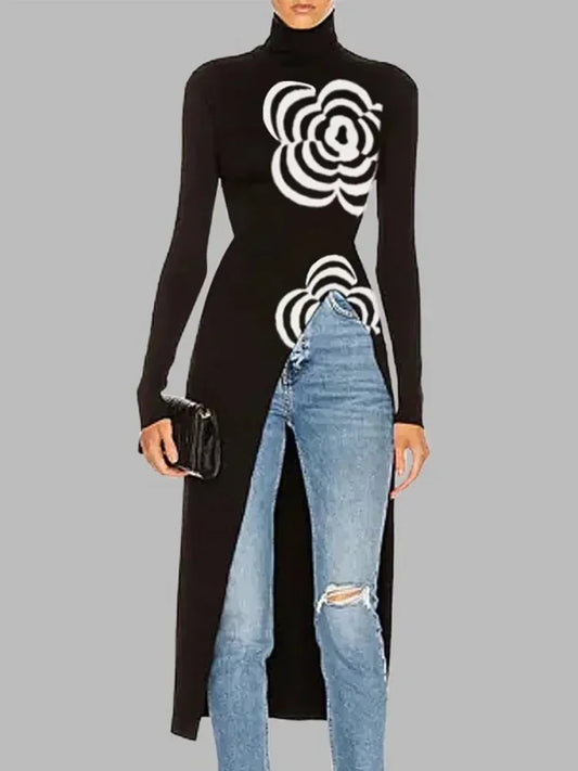 Black Top Asymmetric Printed Split-Joint Sweater