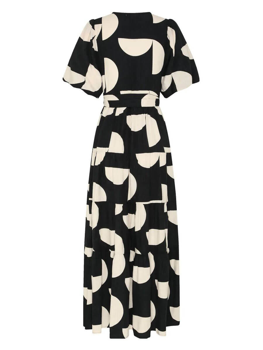 Puff Sleeve V-Neck Charming Geometric Print Midi Dress