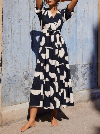 Puff Sleeve V-Neck Charming Geometric Print Midi Dress