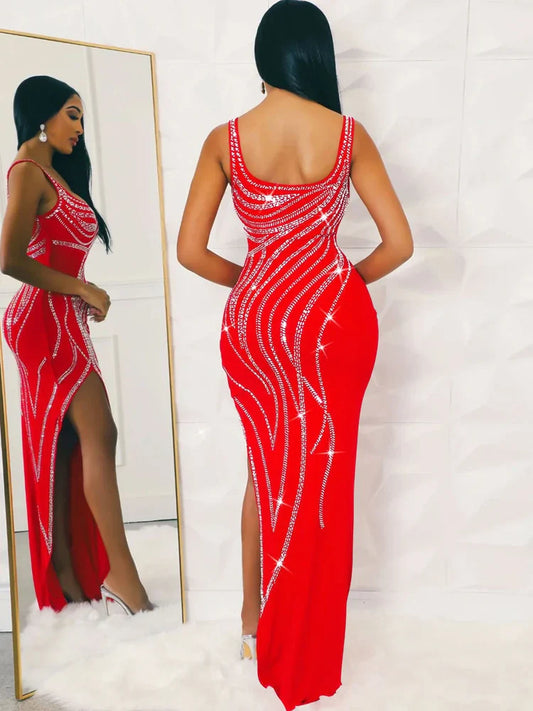 Rhinestone Slit Maxi Party Dress Partydress-241208