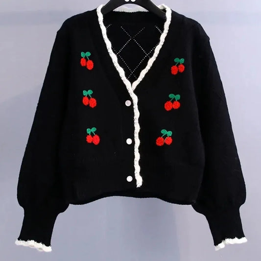 Sweet Cherry Button-Up Patchwork Knit Cardigan