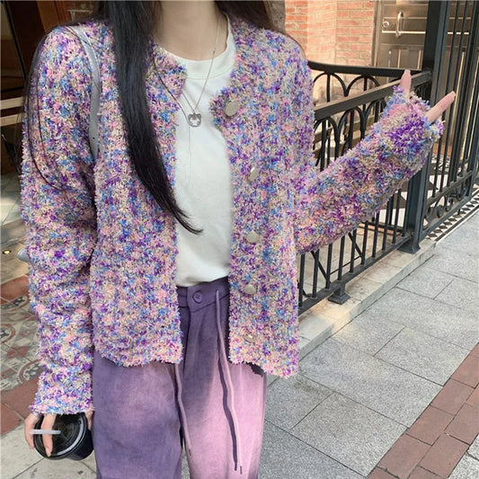 Purple Floral Lazy Wind Loose Knit Cardigan