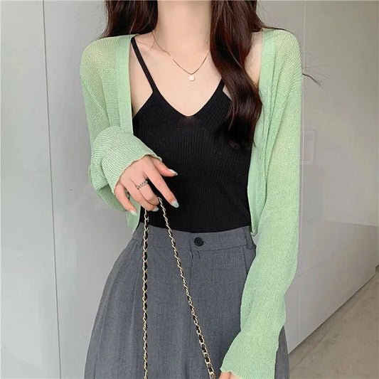 Thin Long Sleeve Sunscreen Cropped Solid Knit Cardigan