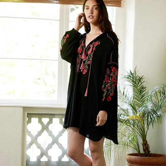 Black Cotton Rayon Floral Embroidery Beach Dress