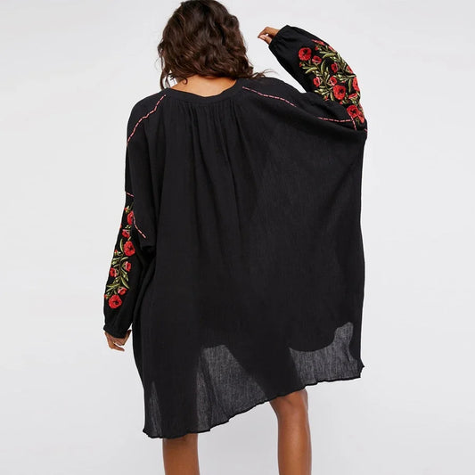 Black Cotton Rayon Floral Embroidery Beach Dress