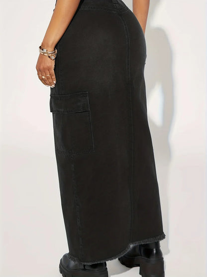 Black Flap Pockets Denim Midi Skirt Raw Hem Distressed Washed Cargo Denim Skirt Jean