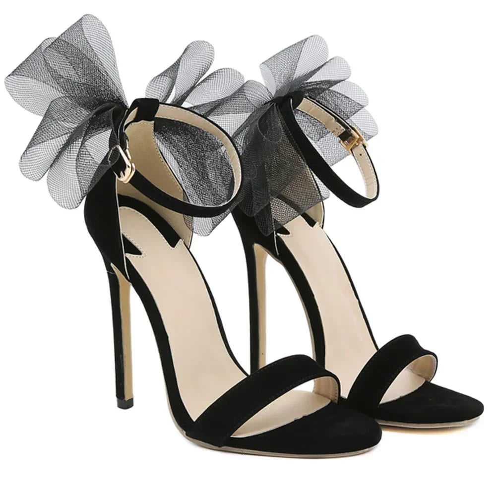 Sexy Mesh Butterfly-knot Women Sandals Peep Toe Buckle Strap High Heeled Banquet Shoes