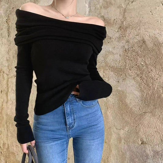 Sexy Slash Neck Pleated Knitted Sweater