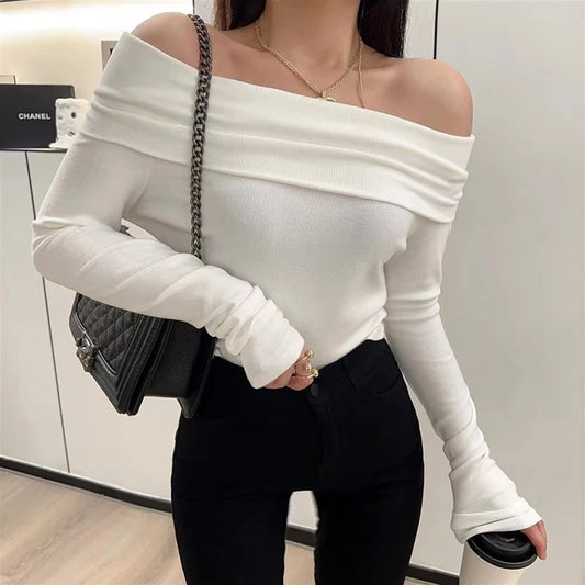 Sexy Slash Neck Pleated Knitted Sweater