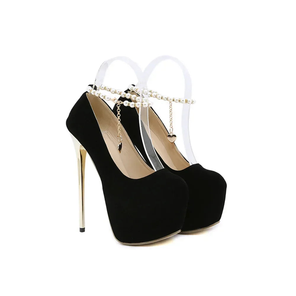 Sexy Black Round Head Wedding Pumps with 16cm Thin High Heels and Pearl Chain Platform - Zapatos De Mujer