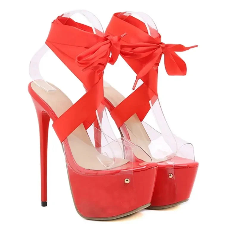 Sexy Thigh High Broad Band Strap Platform Sandals Women Transparent Peep Toe Club/Party Stripper Stiletto Shoes - 16CM