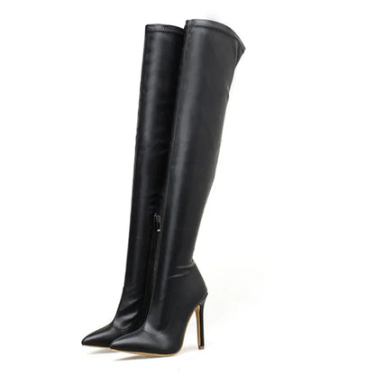 Sexy Thigh High Leather Boots with Pointed Toe and 11.5cm Stiletto Heels