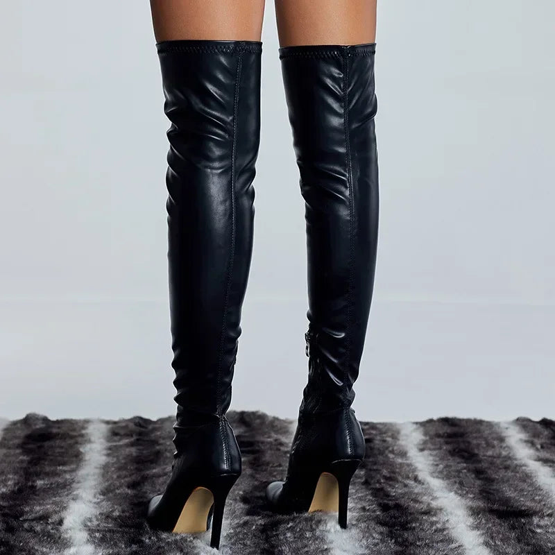 Sexy Thigh High Leather Boots with Pointed Toe and 11.5cm Stiletto Heels