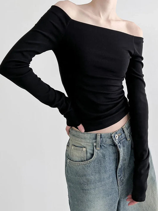 Elegant Slim Sexy Cropped Black Long Sleeve Korean Fall Crop Top