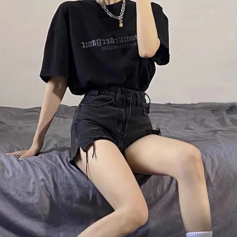 Oversized Loose And Slimming Black Summer High Waisted A-line Hot Pants Fashion Jean