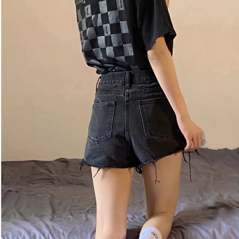 Oversized Loose And Slimming Black Summer High Waisted A-line Hot Pants Fashion Jean