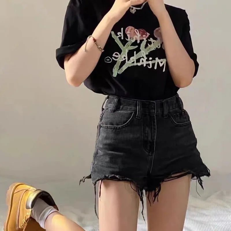 Oversized Loose And Slimming Black Summer High Waisted A-line Hot Pants Fashion Jean