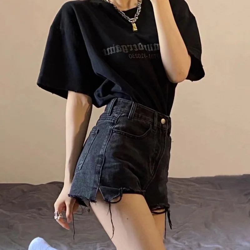 Oversized Loose And Slimming Black Summer High Waisted A-line Hot Pants Fashion Jean