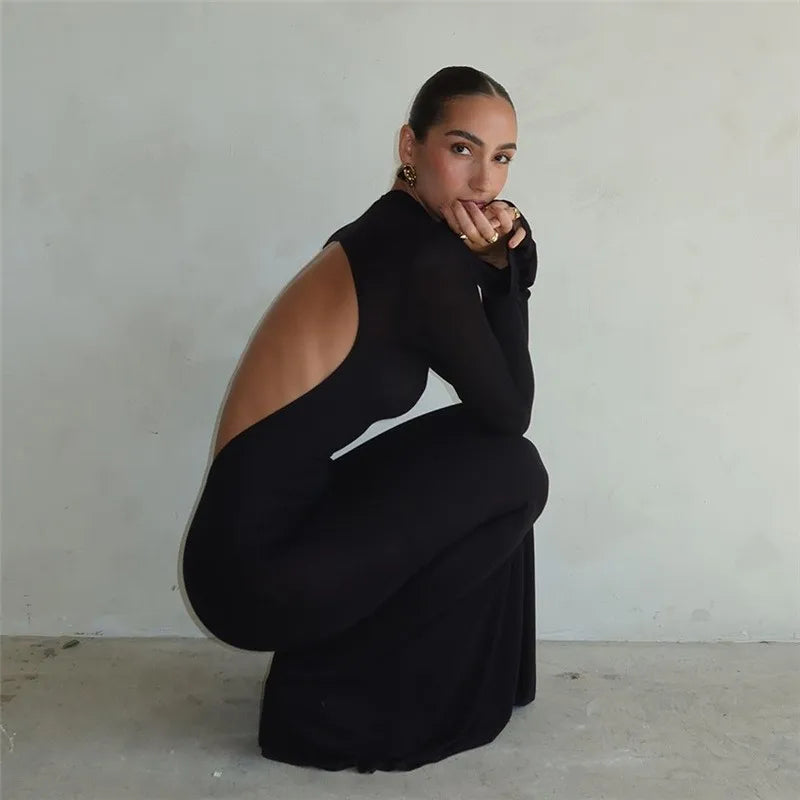 Black Turtleneck Backless Maxi For Women Elegant Evening Trumpet Sleeves 2024 Autumn Bodycon Long