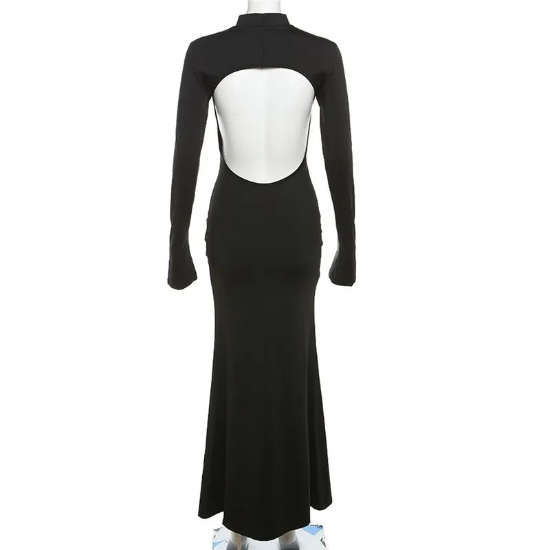 Black Turtleneck Backless Maxi For Women Elegant Evening Trumpet Sleeves 2024 Autumn Bodycon Long