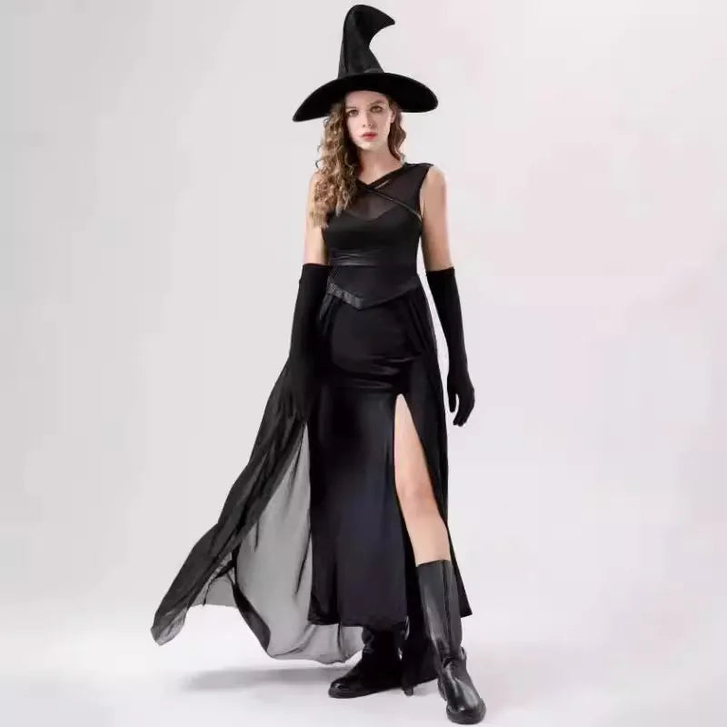 Black Witch Dress Wizard Hat Gloves Gothic Retro Magic Vampire Cosplay Costume