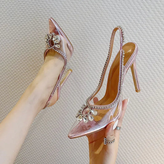 Bling Rhinestone Sandal Sexy Pointed Pvc Clear Slingback Back Strap Thin High Heels Party Prom High Heel