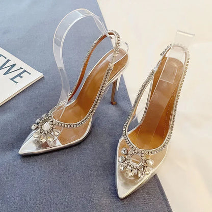 Rhinestone Sandal for Women - Summer Sexy Pointed Clear Slingback High Heels Sandalias