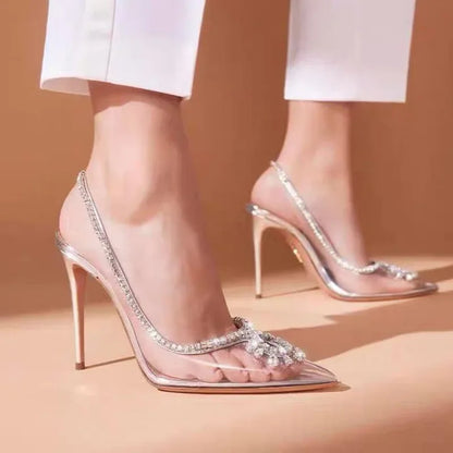 Rhinestone Sandal for Women - Summer Sexy Pointed Clear Slingback High Heels Sandalias