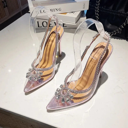 Bling Rhinestone Sandal Sexy Pointed Pvc Clear Slingback Back Strap Thin High Heels Party Prom High Heel