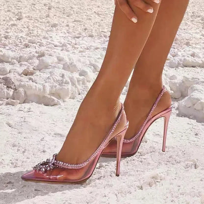 Rhinestone Sandal for Women - Summer Sexy Pointed Clear Slingback High Heels Sandalias