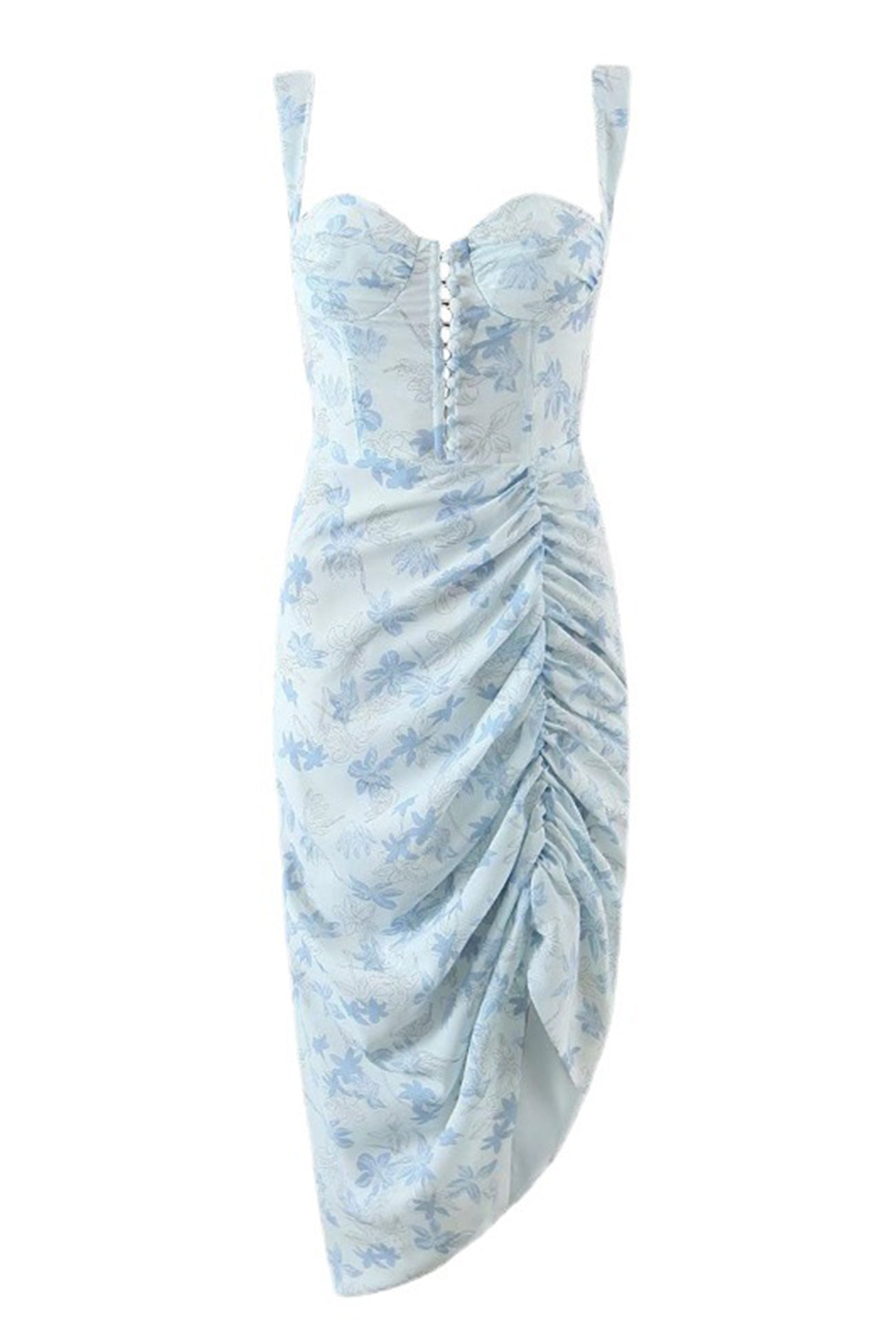 Floral Print Blue Corset Ruched Split Dress