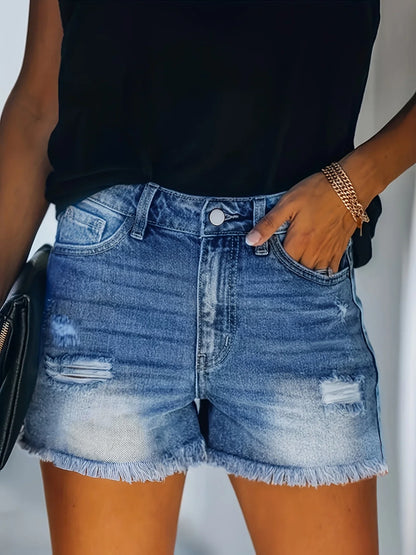 Blue Frayed Hem Denim Shorts Ripped Holes Slash Pockets Short Denim Jean