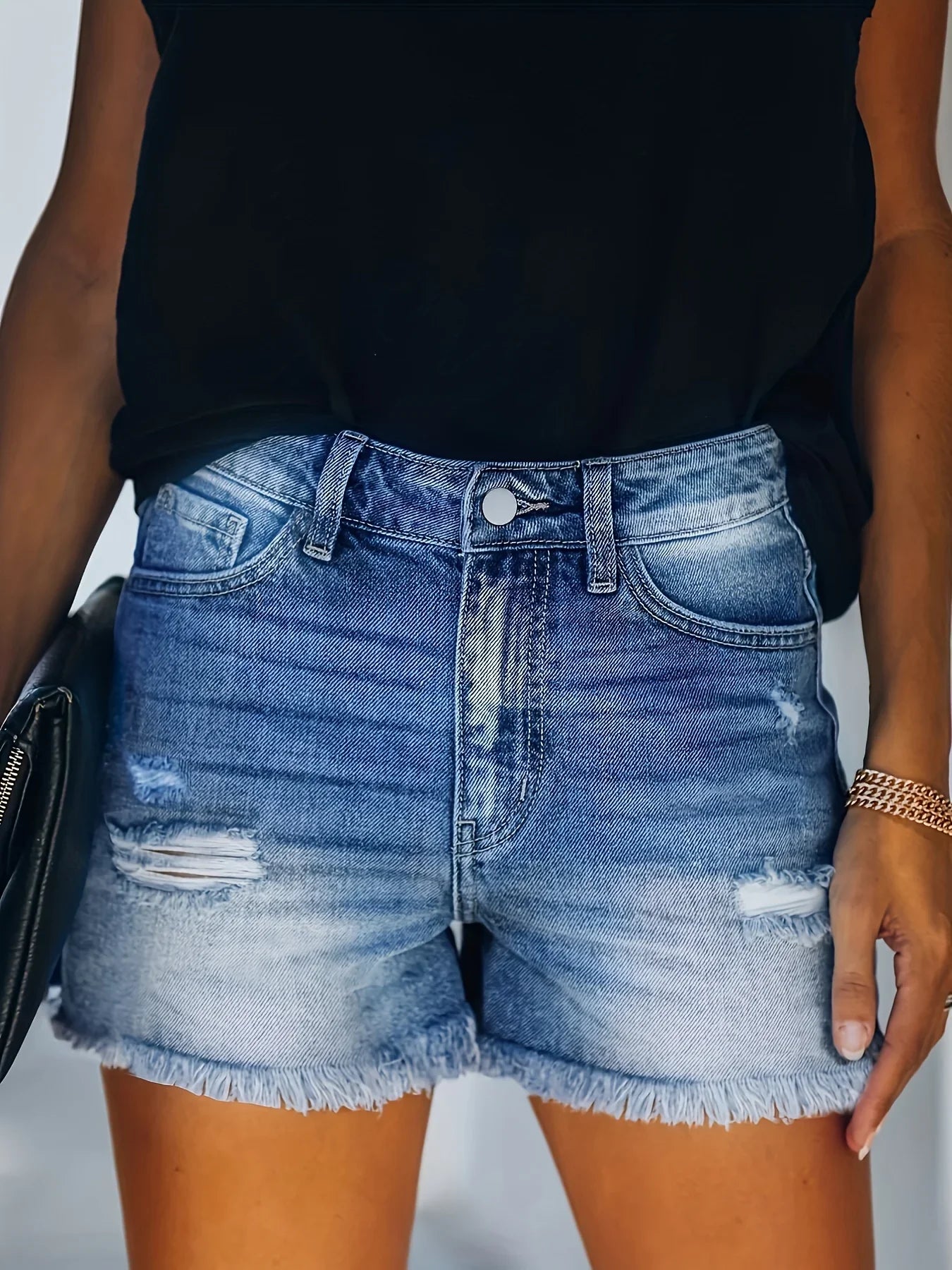 Blue Frayed Hem Denim Shorts Ripped Holes Slash Pockets Short Denim Jean