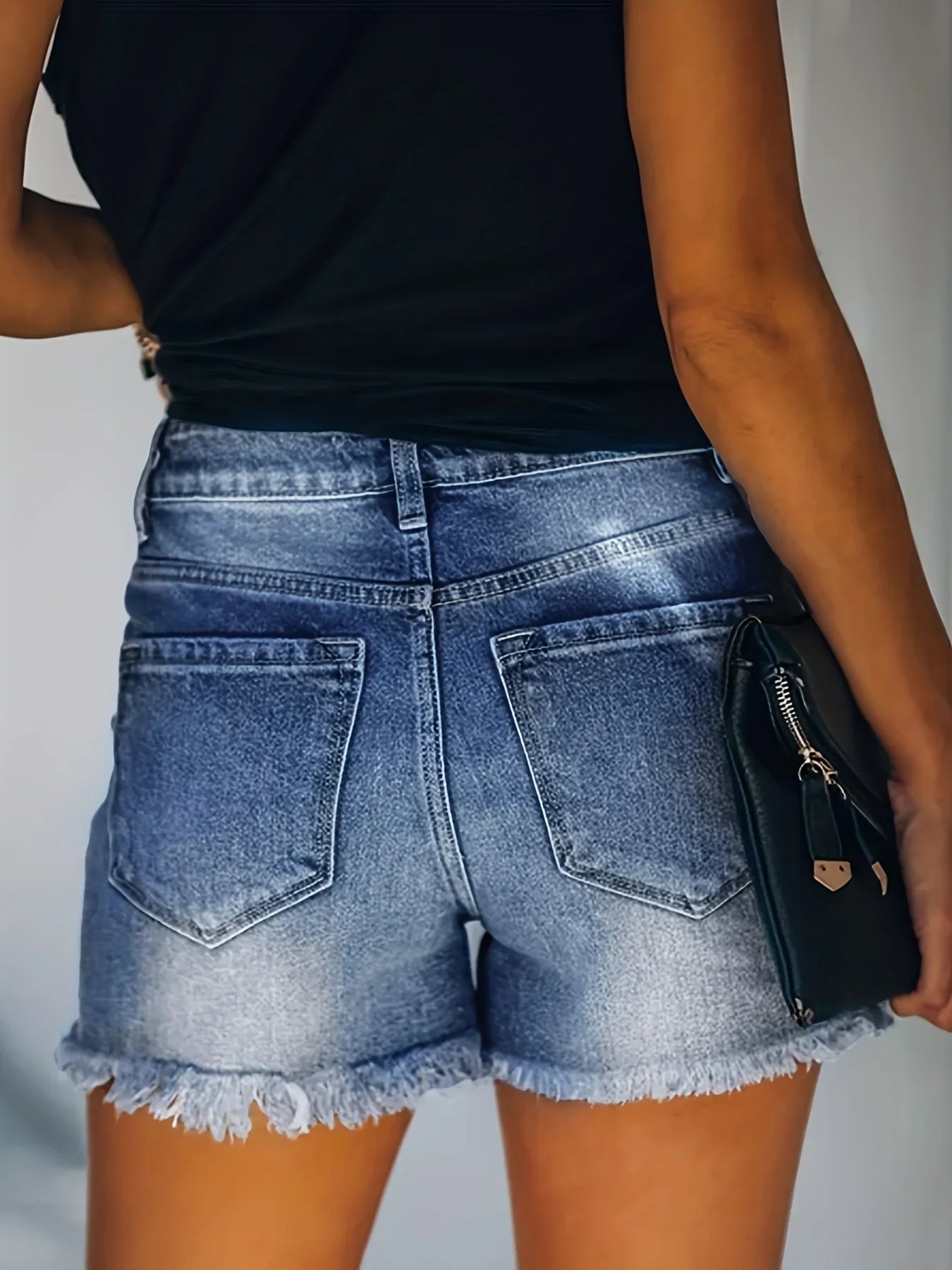 Blue Frayed Hem Denim Shorts Ripped Holes Slash Pockets Short Denim Jean