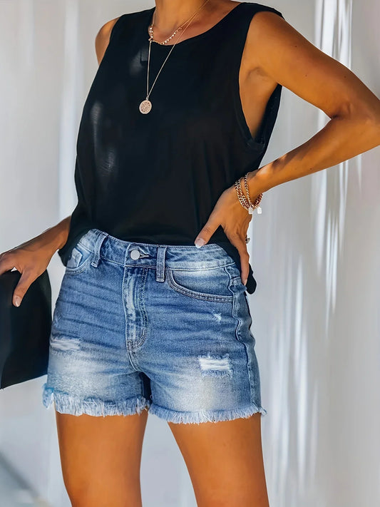 Blue Frayed Hem Denim Shorts Ripped Holes Slash Pockets Short Jean