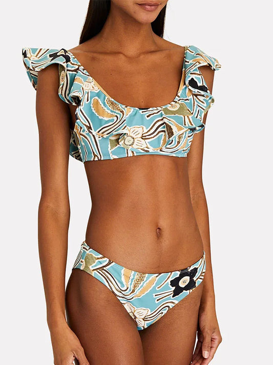 Fresh Blue Floral Back Strap Swimsuit One Piece green2 / S onepiece-250223