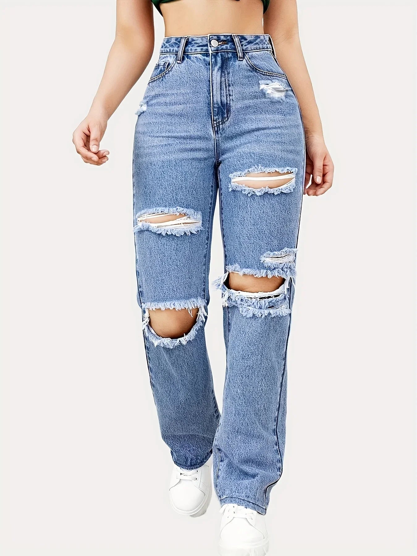 Blue Ripped Baggy Straight Slash Pockets Distressed High Waist Loose Fit Denim Jean