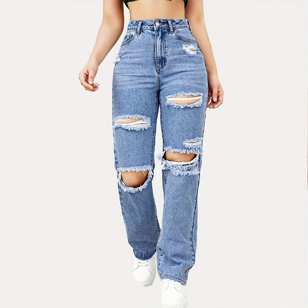 Blue Ripped Baggy Straight Slash Pockets Distressed High Waist Loose Fit Denim Jean