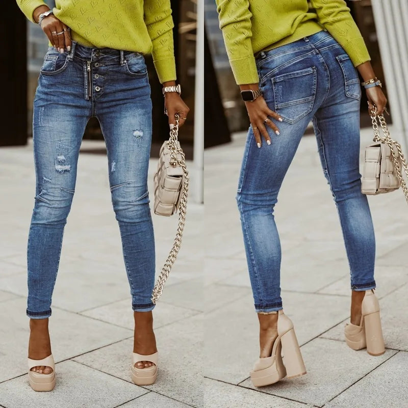 Blue Stretch Women's High Waist Ripped Casual Fashion Streetwear Denim Pant Women 2024 Trend Jean