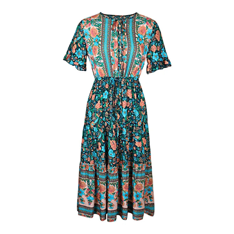 Vintage Round Neck A-Line Boho Dress