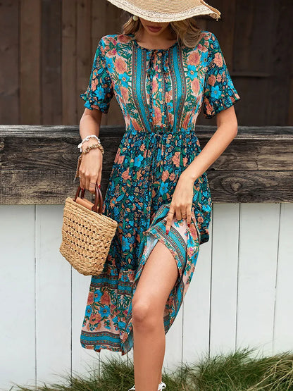 Vintage Round Neck A-Line Boho Dress