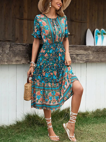 Vintage Round Neck A-Line Boho Dress