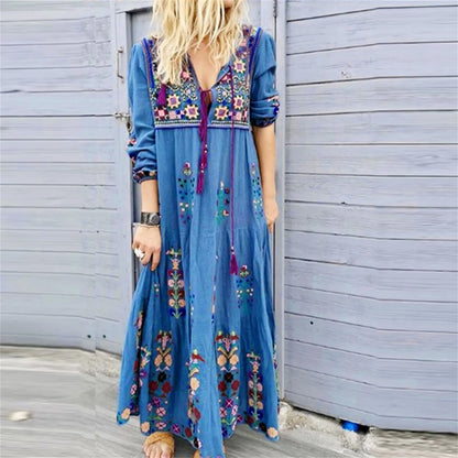 Bohemian Flower Elegant Long Floral V Neck Boho Dress