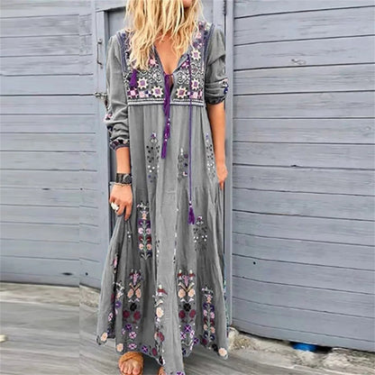 Bohemian Flower Elegant Long Floral V Neck Boho Dress