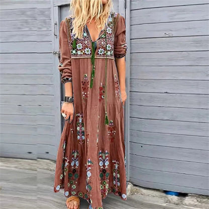 Bohemian Flower Elegant Long Floral V Neck Boho Dress