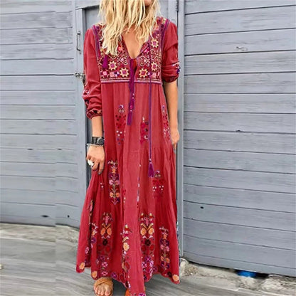 Bohemian Flower Elegant Long Floral V Neck Boho Dress