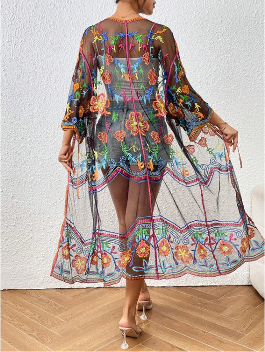 Lace Boho Bikini Beach Cover up Women Dresses Summer Floral / One Size bohocoverup-250126