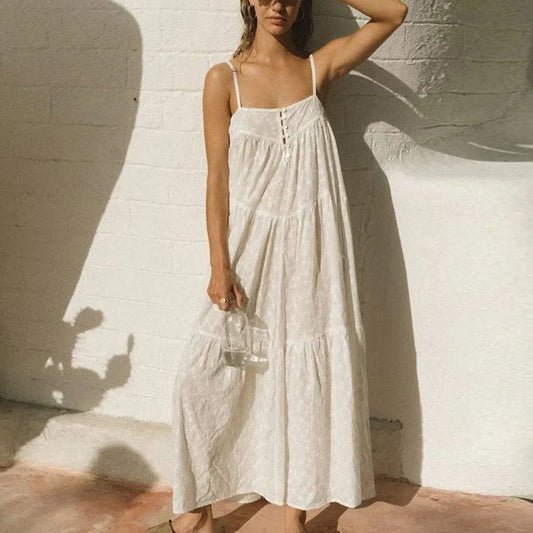 Boho Beach White Cotton Lace A-line Dress