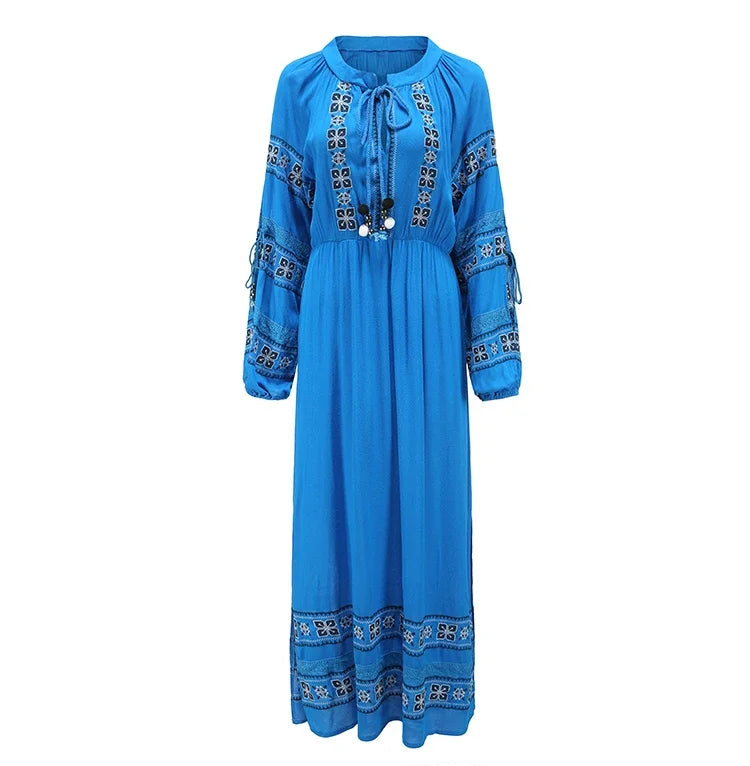 Boho Blue/White Cotton Rayon Maxi Dress bohodress-250126