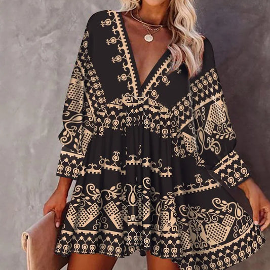 V-neck Loose Lantern Sleeve Boho Mini Dress